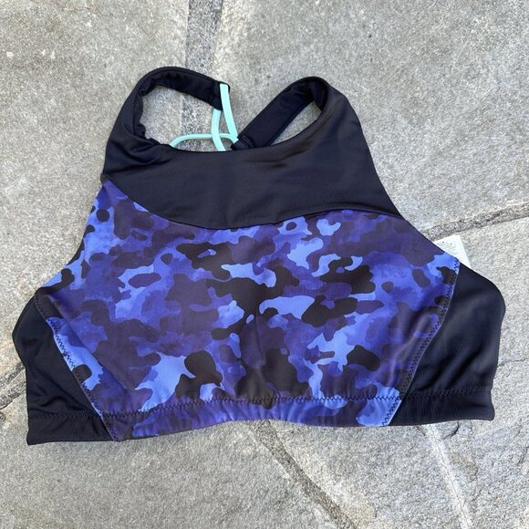 Athleta Freestyle Bikini Top Medium Purple Camo High Neck Swim Strappy Back - Picture 1 of 5